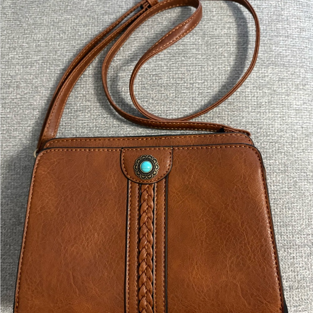 Westen Brown Turquoise Emblem Braided Design Handbag Purse Crossbody shoulder